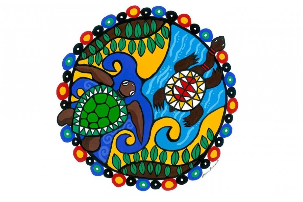 Colourful Indigenous artwork featuring two turtles within a circular design, surrounded by patterns of water, leaves, and traditional motifs. The vibrant piece incorporates blue, green, yellow, and red, symbolising cultural heritage and connection to nature.